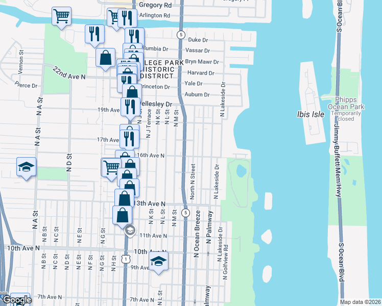 map of restaurants, bars, coffee shops, grocery stores, and more near 1622 17th Avenue North in Lake Worth