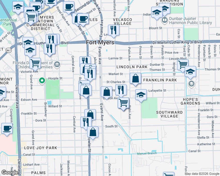 map of restaurants, bars, coffee shops, grocery stores, and more near 2628 Saint Charles Street in Fort Myers
