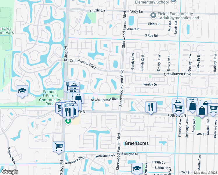 map of restaurants, bars, coffee shops, grocery stores, and more near 823F Sky Pine Way in Greenacres