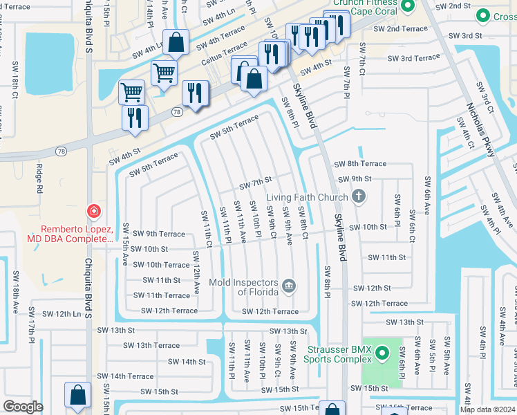 map of restaurants, bars, coffee shops, grocery stores, and more near 809 Southwest 10th Place in Cape Coral