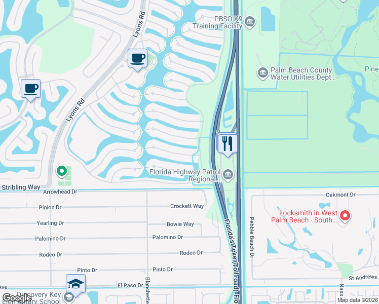 map of restaurants, bars, coffee shops, grocery stores, and more near 8199 Saint Johns Court in Wellington