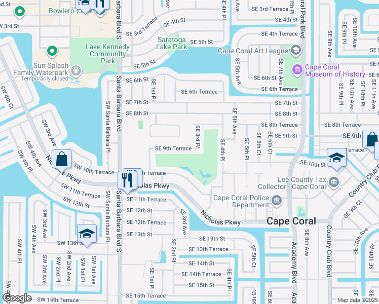 map of restaurants, bars, coffee shops, grocery stores, and more near 227 Southeast 9th Terrace in Cape Coral