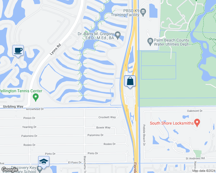map of restaurants, bars, coffee shops, grocery stores, and more near 8209 Saint Johns Court in Wellington