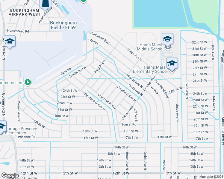 map of restaurants, bars, coffee shops, grocery stores, and more near 2411 Conroy Avenue North in Lehigh Acres
