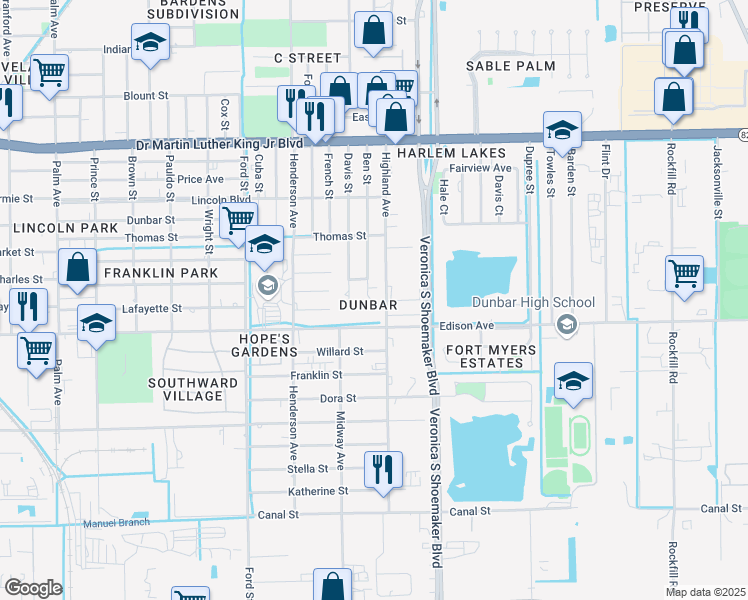 map of restaurants, bars, coffee shops, grocery stores, and more near in Fort Myers