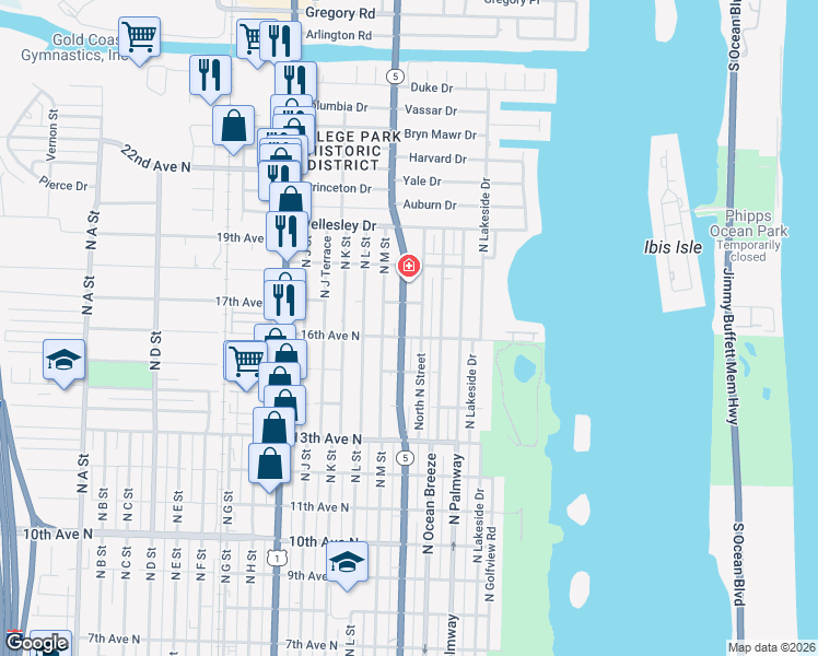 map of restaurants, bars, coffee shops, grocery stores, and more near 1622 17th Avenue North in Lake Worth