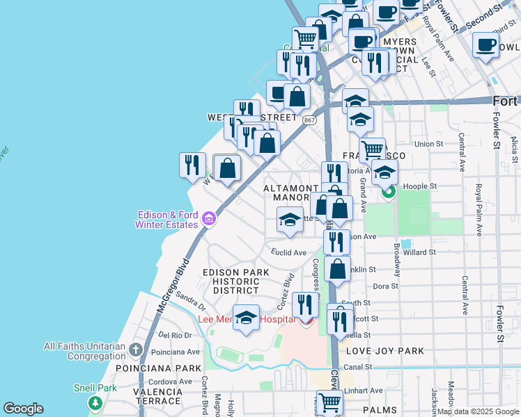 map of restaurants, bars, coffee shops, grocery stores, and more near 2139 Virginia Avenue in Fort Myers