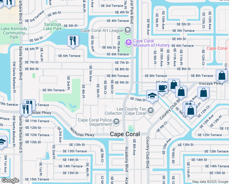 map of restaurants, bars, coffee shops, grocery stores, and more near 912 Southeast 6th Court in Cape Coral