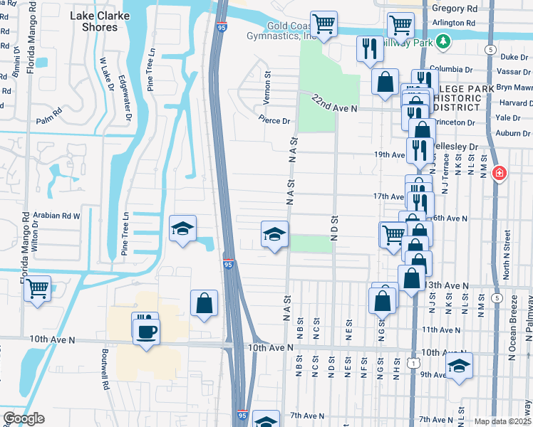 map of restaurants, bars, coffee shops, grocery stores, and more near 1732 16th Avenue North in Lake Worth