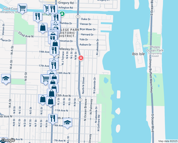 map of restaurants, bars, coffee shops, grocery stores, and more near 1622 North O Street in Lake Worth