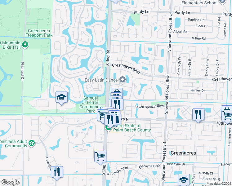 map of restaurants, bars, coffee shops, grocery stores, and more near 293 Sunny Pine Way in Greenacres