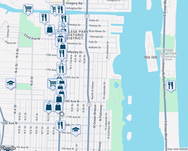 map of restaurants, bars, coffee shops, grocery stores, and more near 1622 North O Street in Lake Worth