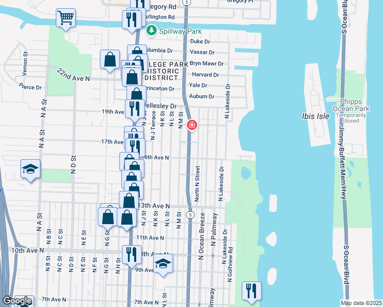 map of restaurants, bars, coffee shops, grocery stores, and more near 1622 17th Avenue North in Lake Worth