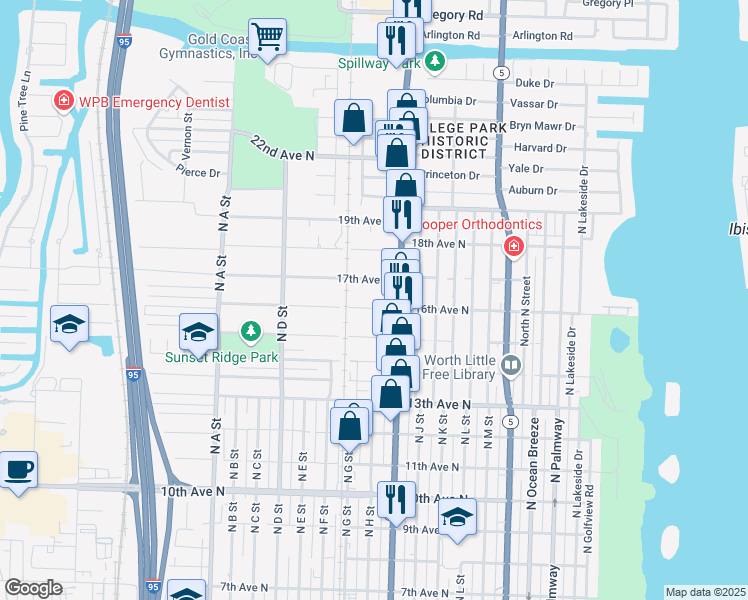 map of restaurants, bars, coffee shops, grocery stores, and more near 1601 North Dixie Highway in Lake Worth