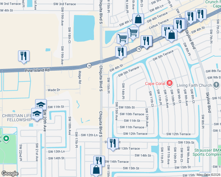 map of restaurants, bars, coffee shops, grocery stores, and more near 926 Southwest 15th Place in Cape Coral