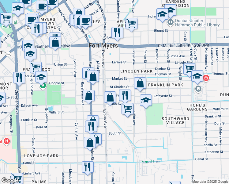 map of restaurants, bars, coffee shops, grocery stores, and more near 2628 Saint Charles Street in Fort Myers