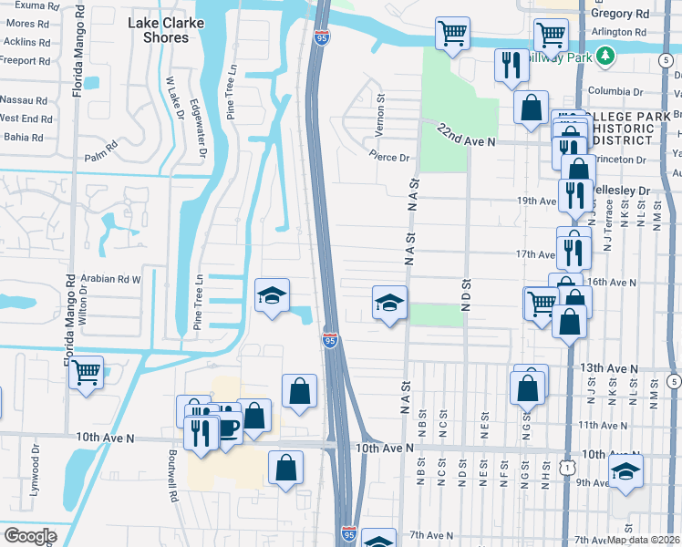 map of restaurants, bars, coffee shops, grocery stores, and more near 1759 16th Court North in Lake Worth