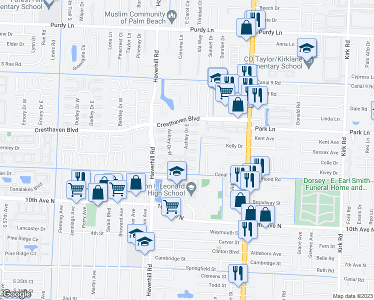 map of restaurants, bars, coffee shops, grocery stores, and more near 2868 Ashley Drive East in West Palm Beach