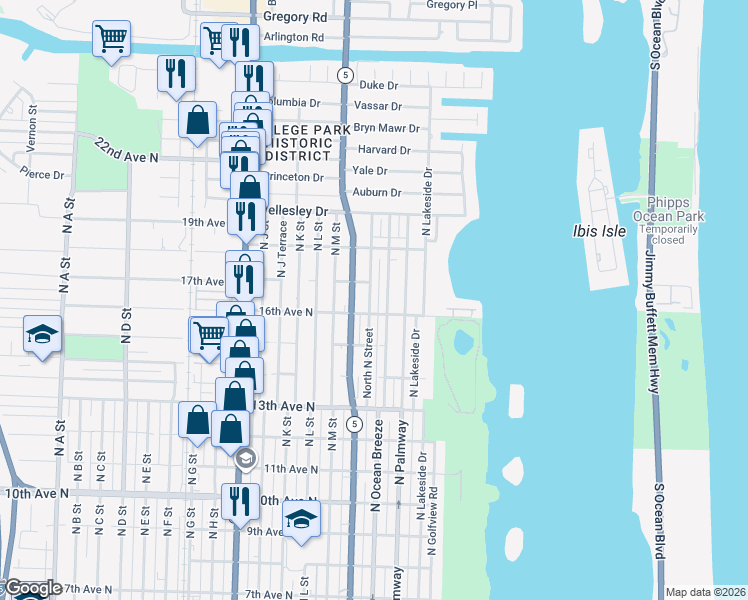 map of restaurants, bars, coffee shops, grocery stores, and more near 1622 North O Street in Lake Worth