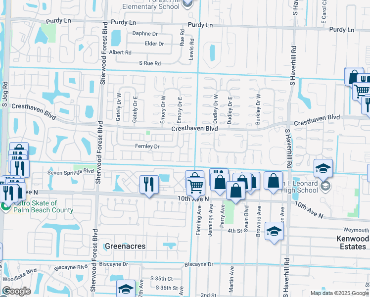 map of restaurants, bars, coffee shops, grocery stores, and more near 2886 Fernley Drive in West Palm Beach