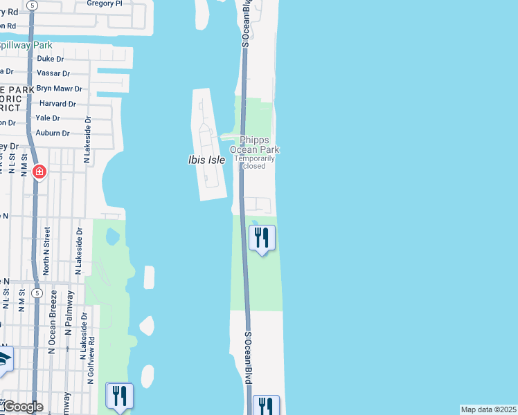 map of restaurants, bars, coffee shops, grocery stores, and more near 2335 Old S Ocean Boulevard in Palm Beach