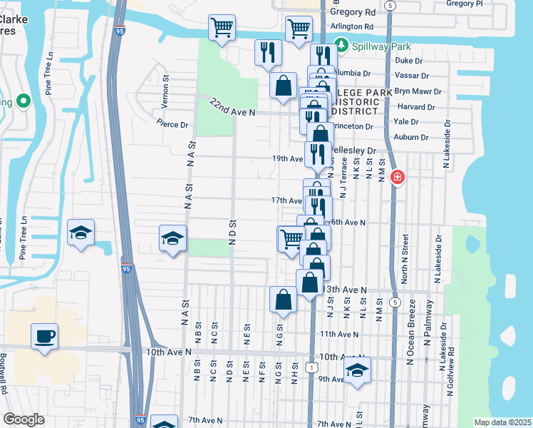 map of restaurants, bars, coffee shops, grocery stores, and more near 1211 17th Avenue North in Lake Worth