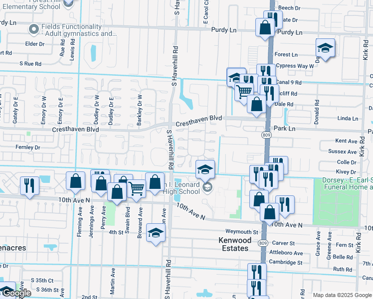 map of restaurants, bars, coffee shops, grocery stores, and more near 2830 Ashley Drive West in West Palm Beach