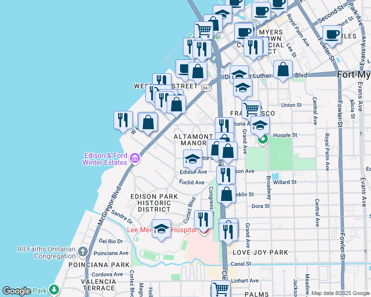map of restaurants, bars, coffee shops, grocery stores, and more near 2249 Euclid Avenue in Fort Myers
