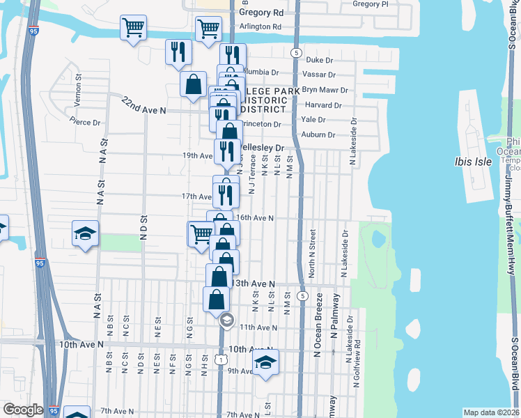 map of restaurants, bars, coffee shops, grocery stores, and more near 1622 North J Terrace in Lake Worth