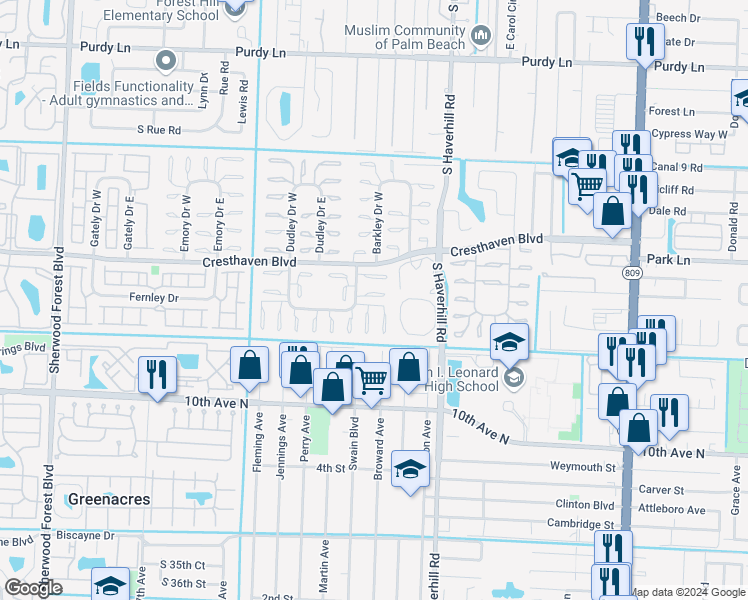 map of restaurants, bars, coffee shops, grocery stores, and more near 2900 Crosley Drive East in West Palm Beach