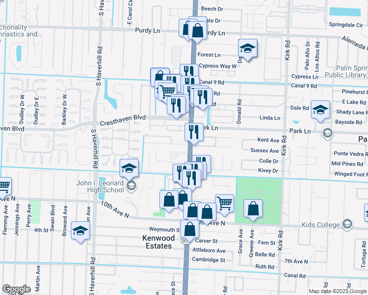 map of restaurants, bars, coffee shops, grocery stores, and more near 2859 South Military Trail in West Palm Beach