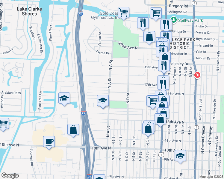 map of restaurants, bars, coffee shops, grocery stores, and more near 1610 16th Avenue North in Lake Worth