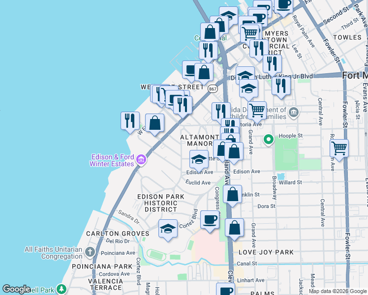 map of restaurants, bars, coffee shops, grocery stores, and more near 2257 Euclid Avenue in Fort Myers