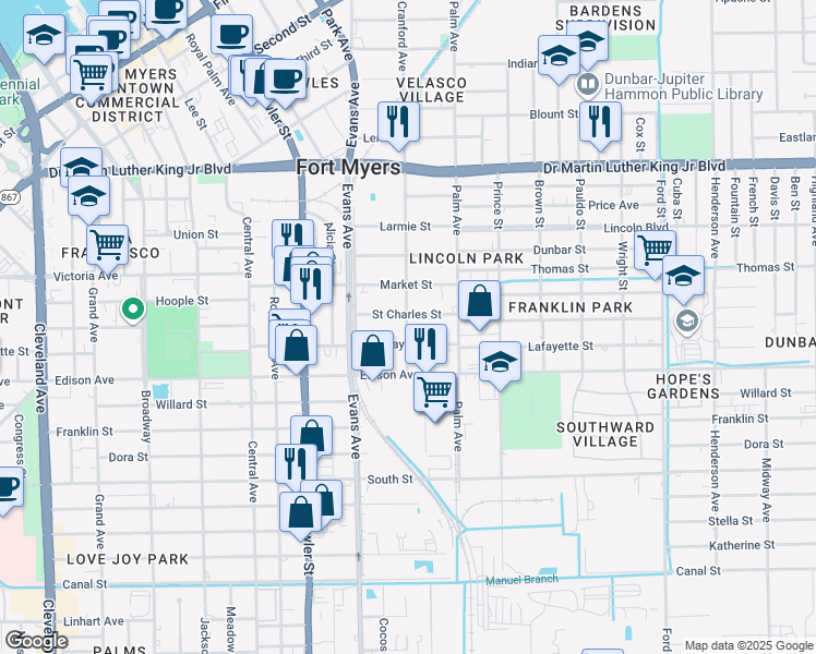 map of restaurants, bars, coffee shops, grocery stores, and more near 2710 Saint Charles Street in Fort Myers