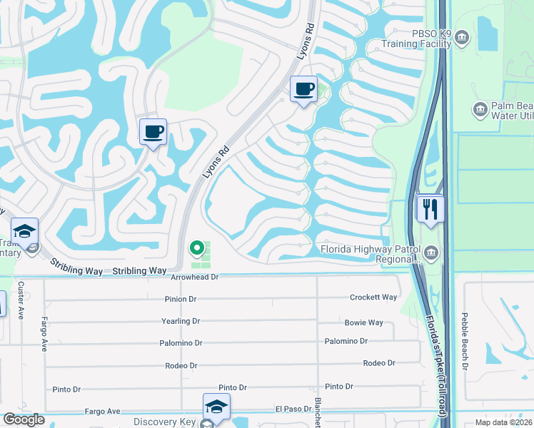 map of restaurants, bars, coffee shops, grocery stores, and more near 3107 Verdmont Lane in Wellington
