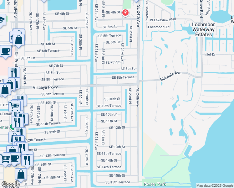 map of restaurants, bars, coffee shops, grocery stores, and more near 2216 Southeast 9th Terrace in Cape Coral