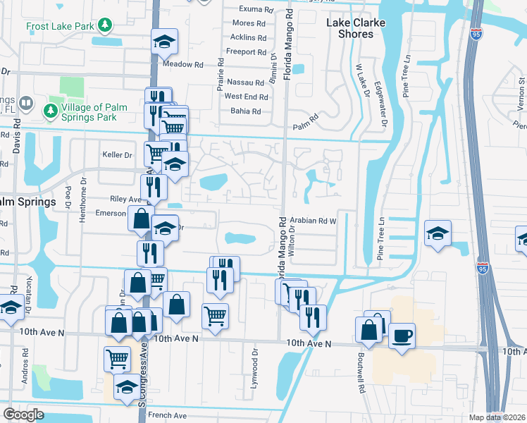 map of restaurants, bars, coffee shops, grocery stores, and more near 2615 Garden Drive North in Lake Worth