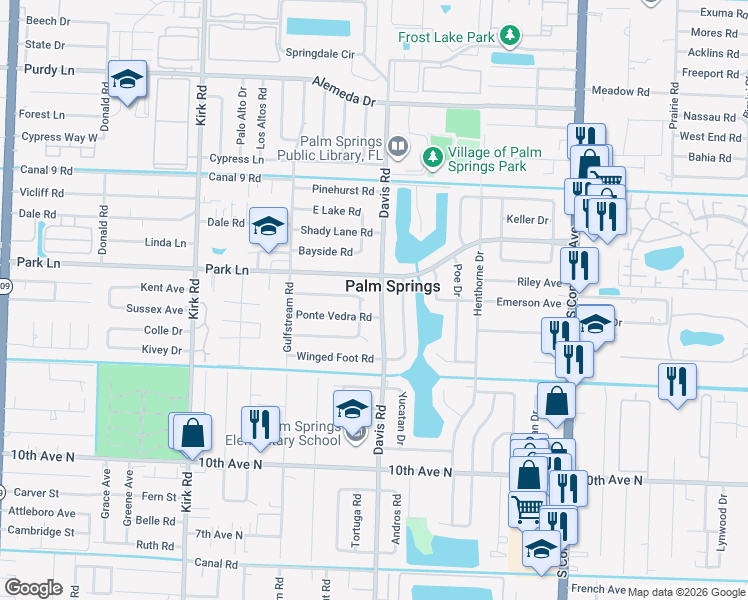 map of restaurants, bars, coffee shops, grocery stores, and more near 257 Davis Road in Palm Springs