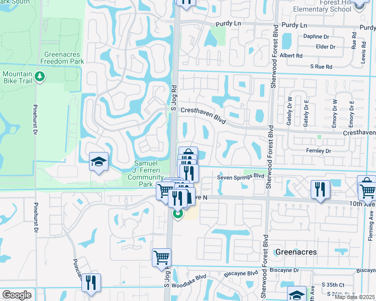 map of restaurants, bars, coffee shops, grocery stores, and more near 293 Sunny Pine Way in Greenacres