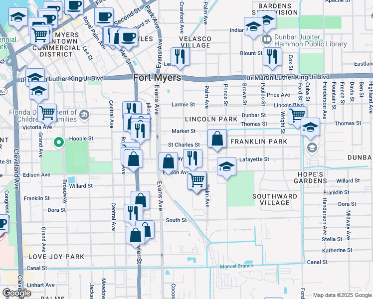 map of restaurants, bars, coffee shops, grocery stores, and more near 2710 Saint Charles Street in Fort Myers