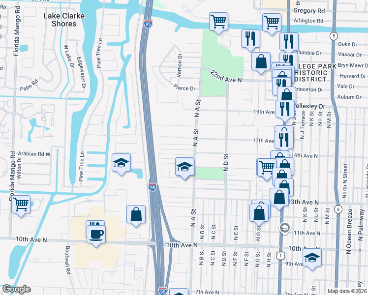 map of restaurants, bars, coffee shops, grocery stores, and more near 1723 16th Court North in Lake Worth