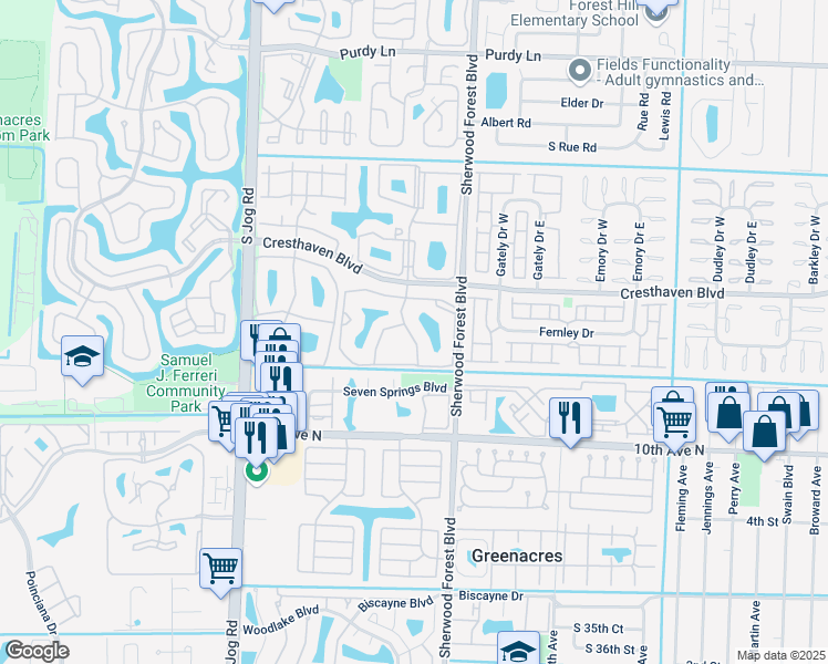 map of restaurants, bars, coffee shops, grocery stores, and more near 823F Sky Pine Way in Greenacres