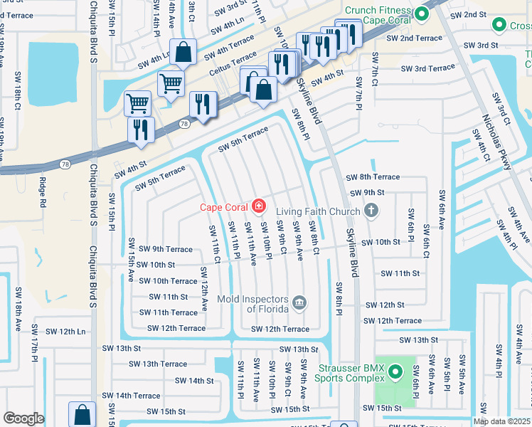 map of restaurants, bars, coffee shops, grocery stores, and more near 801 Southwest 10th Place in Cape Coral