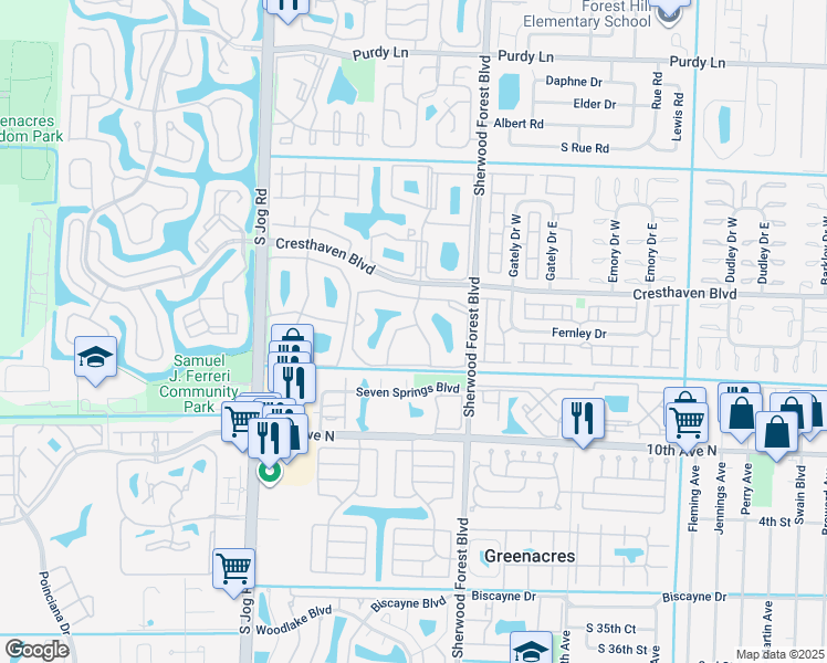 map of restaurants, bars, coffee shops, grocery stores, and more near 818 Sky Pine Way in Greenacres