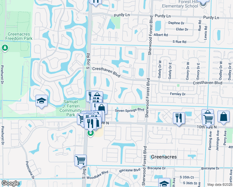 map of restaurants, bars, coffee shops, grocery stores, and more near 812 Sky Pine Way in Greenacres