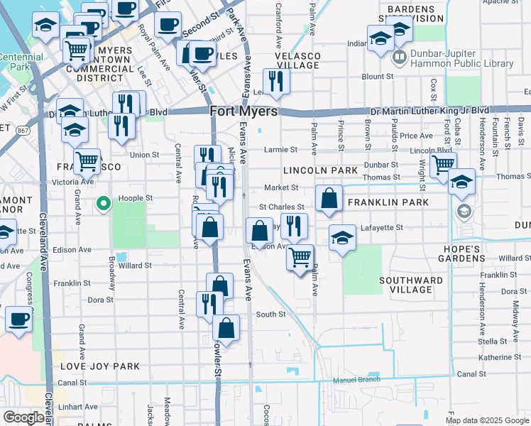map of restaurants, bars, coffee shops, grocery stores, and more near 2628 Saint Charles Street in Fort Myers