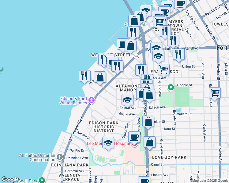 map of restaurants, bars, coffee shops, grocery stores, and more near 2139 Virginia Avenue in Fort Myers