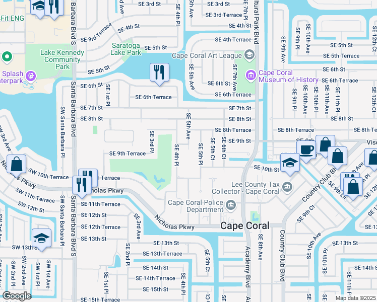 map of restaurants, bars, coffee shops, grocery stores, and more near 907 Southeast 5th Avenue in Cape Coral