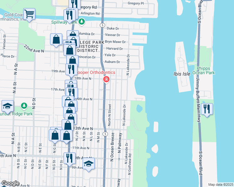 map of restaurants, bars, coffee shops, grocery stores, and more near 1622 North O Street in Lake Worth