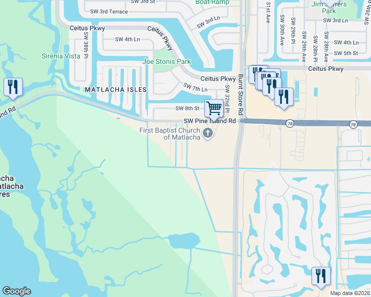map of restaurants, bars, coffee shops, grocery stores, and more near 11871 Pompano Avenue in Cape Coral